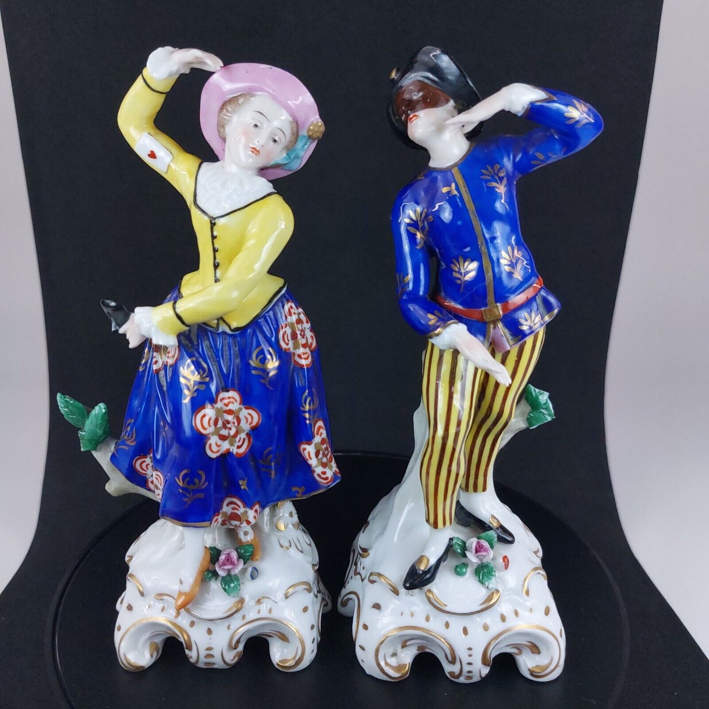 Antique Porcelain Figurines, Woman and Man Dancing, Vibrant Hand-Painted Details