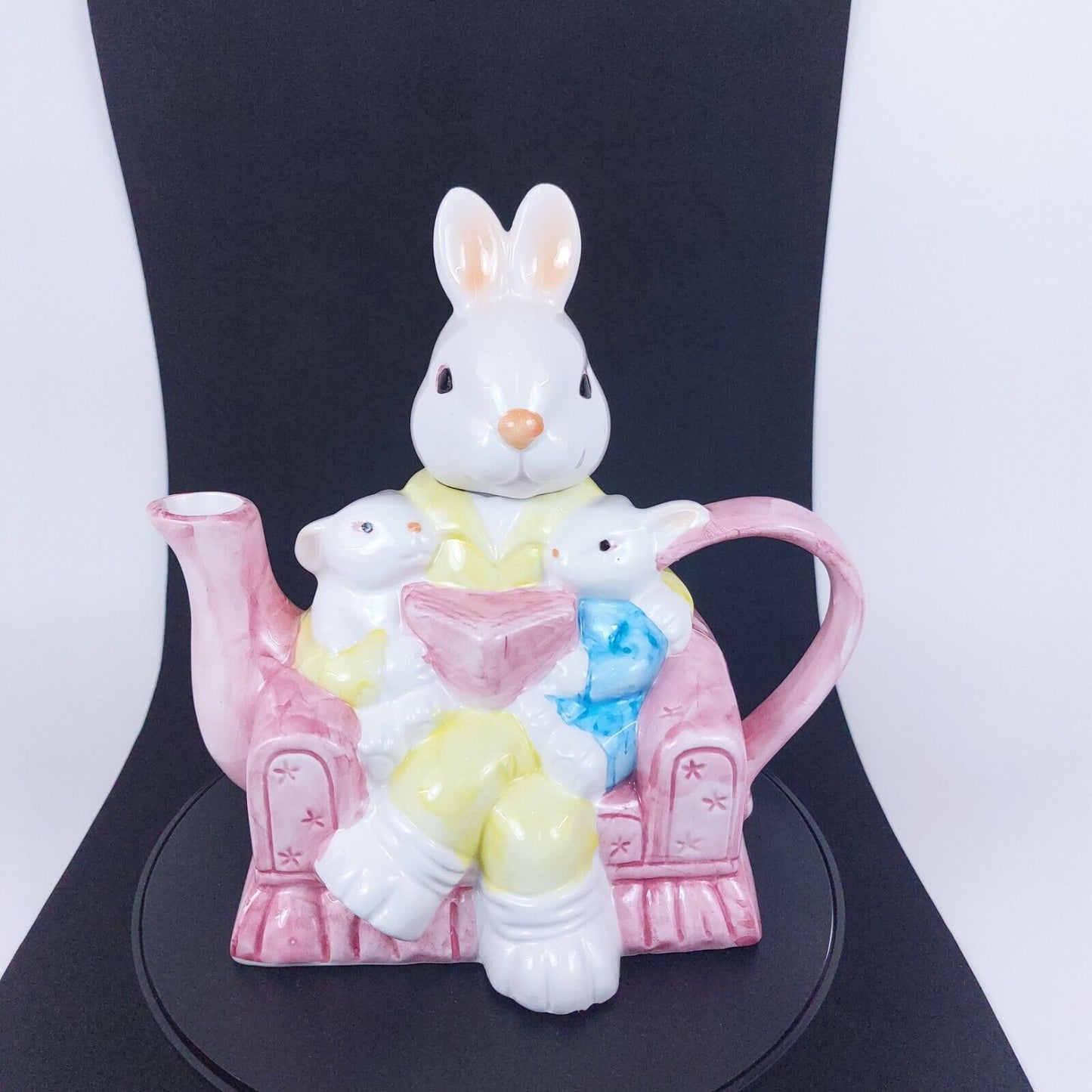 Ceramic Rabbit Family Teapot Hand-Painted Decorative Pink Pastel Collectible