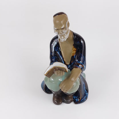 Vintage 1960s Chinese Shiwan Mudmen Figurine – 6" Reading Man in Blue Robe