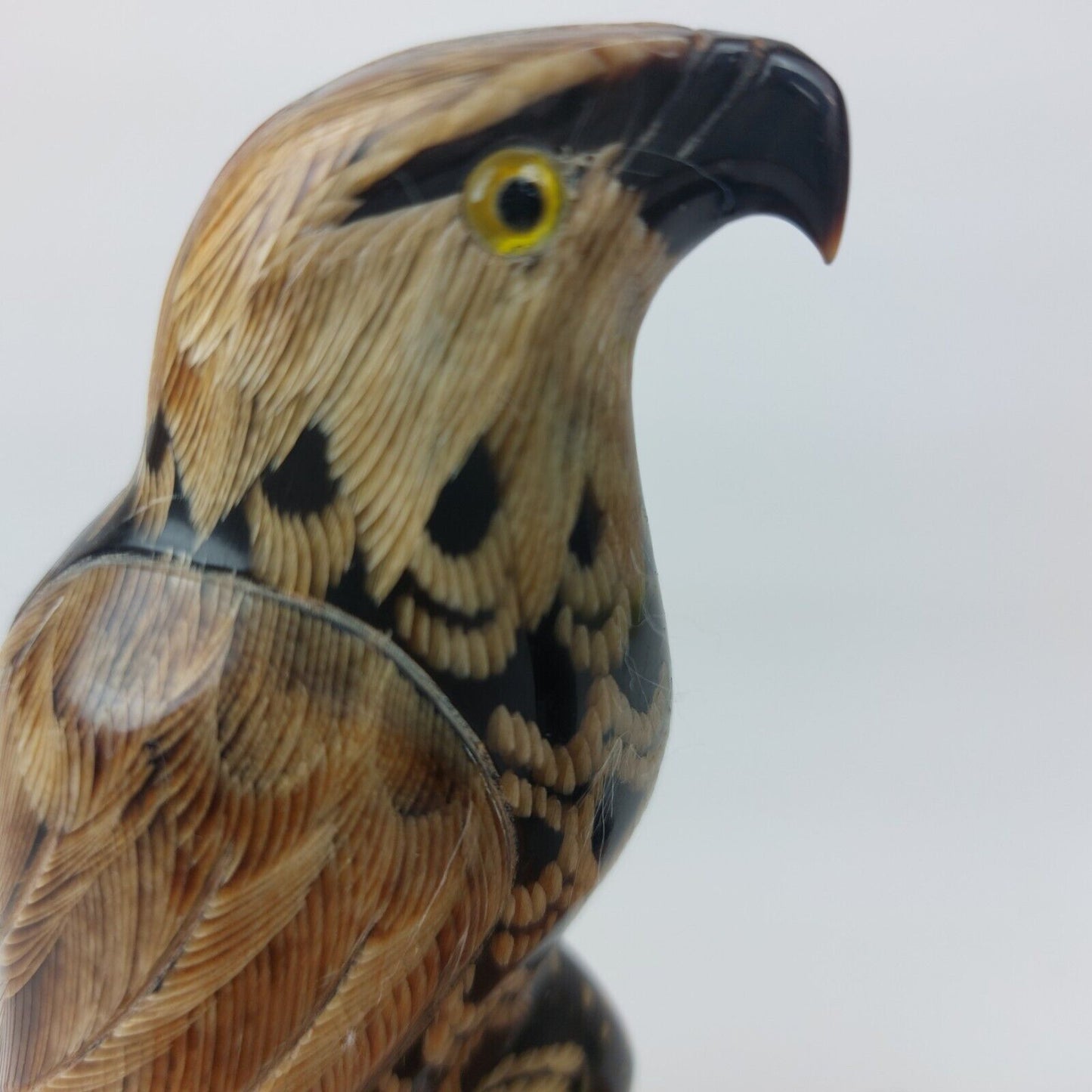 Hand-Carved Buffalo Horn Eagle Figurine 6-Inch on Wooden Base - Good Condition