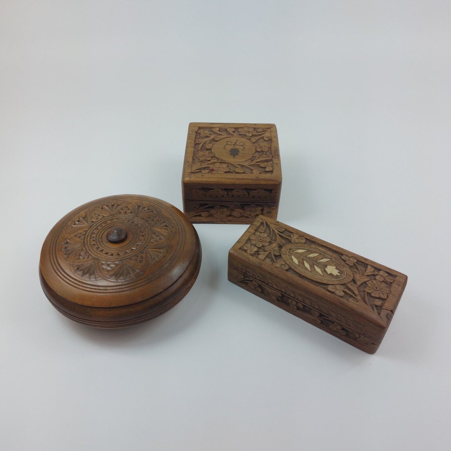 Vintage Hand-Carved Wooden Jewelry Boxes - Set of 3, Intricate Designs