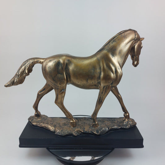 Resin Horse Figurine with Gold Coloring -Black Base Good Condition Decorative