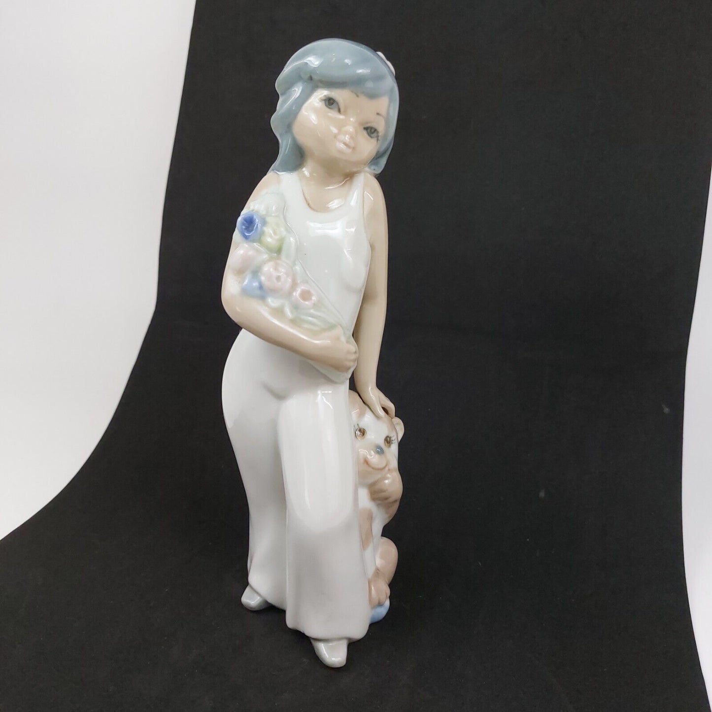 Casades Ceramic Figurine - "Girl with Flowers & Puppy" Made in Spain