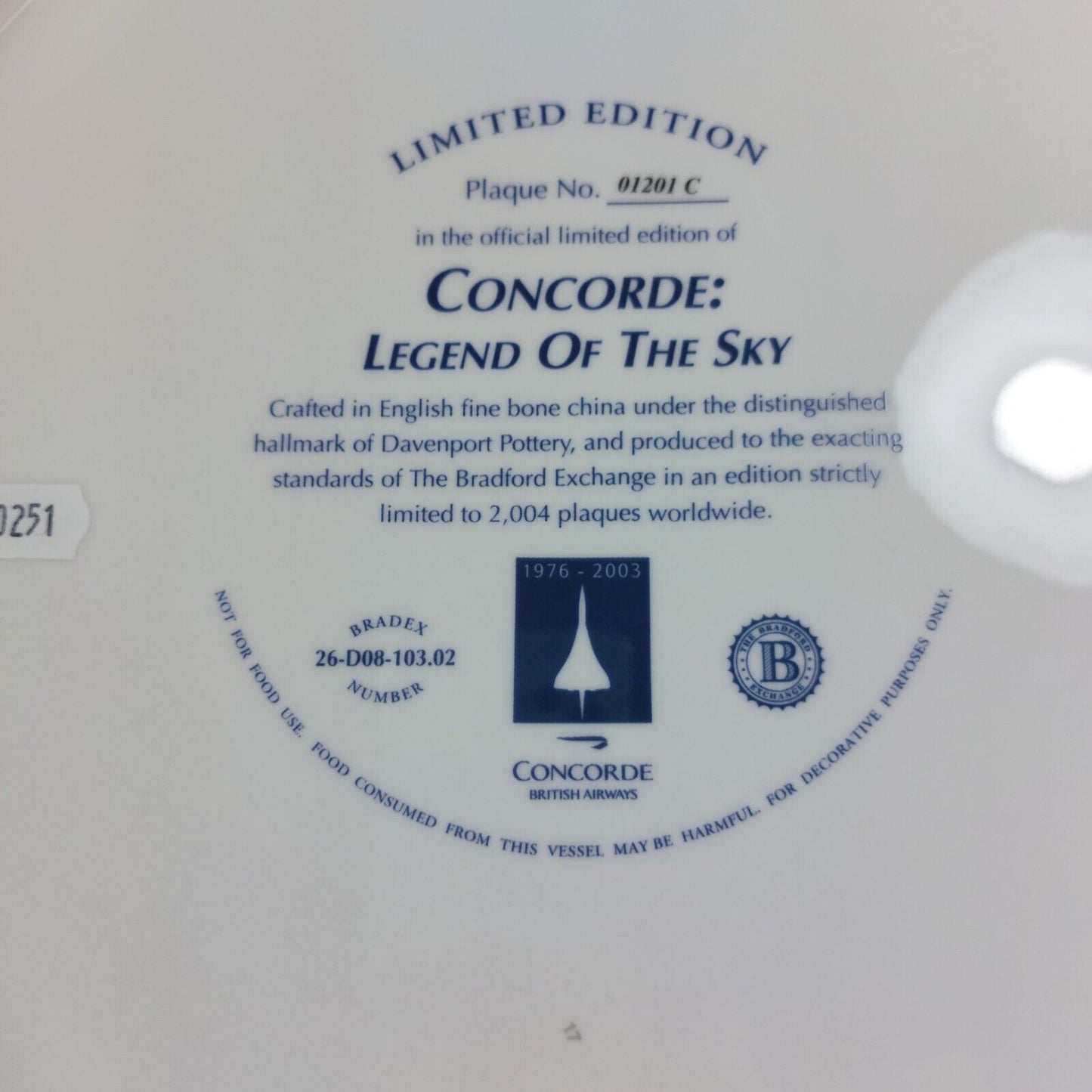 Concorde Legend of the Sky Bradford Exchange- Limited Edition- Davenport Plaque