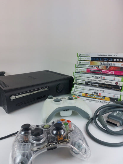 Black XBOX 360 120GB HDD Console With 2 Controllers & 14 Games