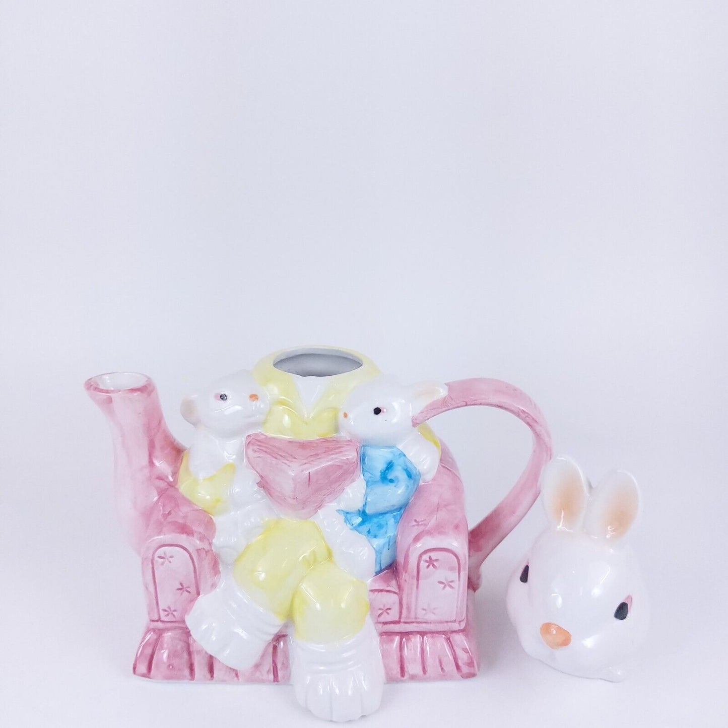 Ceramic Rabbit Family Teapot Hand-Painted Decorative Pink Pastel Collectible