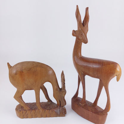 Vintage  2 x Hand Carved African Wood Wooden Antelopes Gazelles Animal Ornament