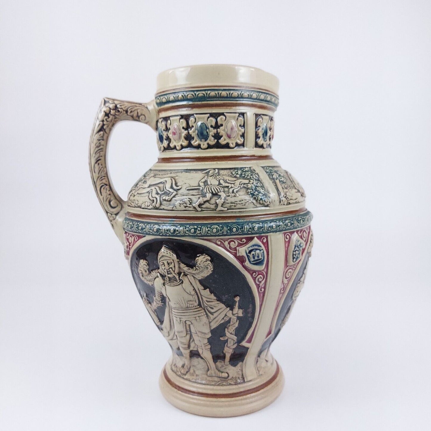 Antique Stoneware Jug with Detailed Historical Imagery