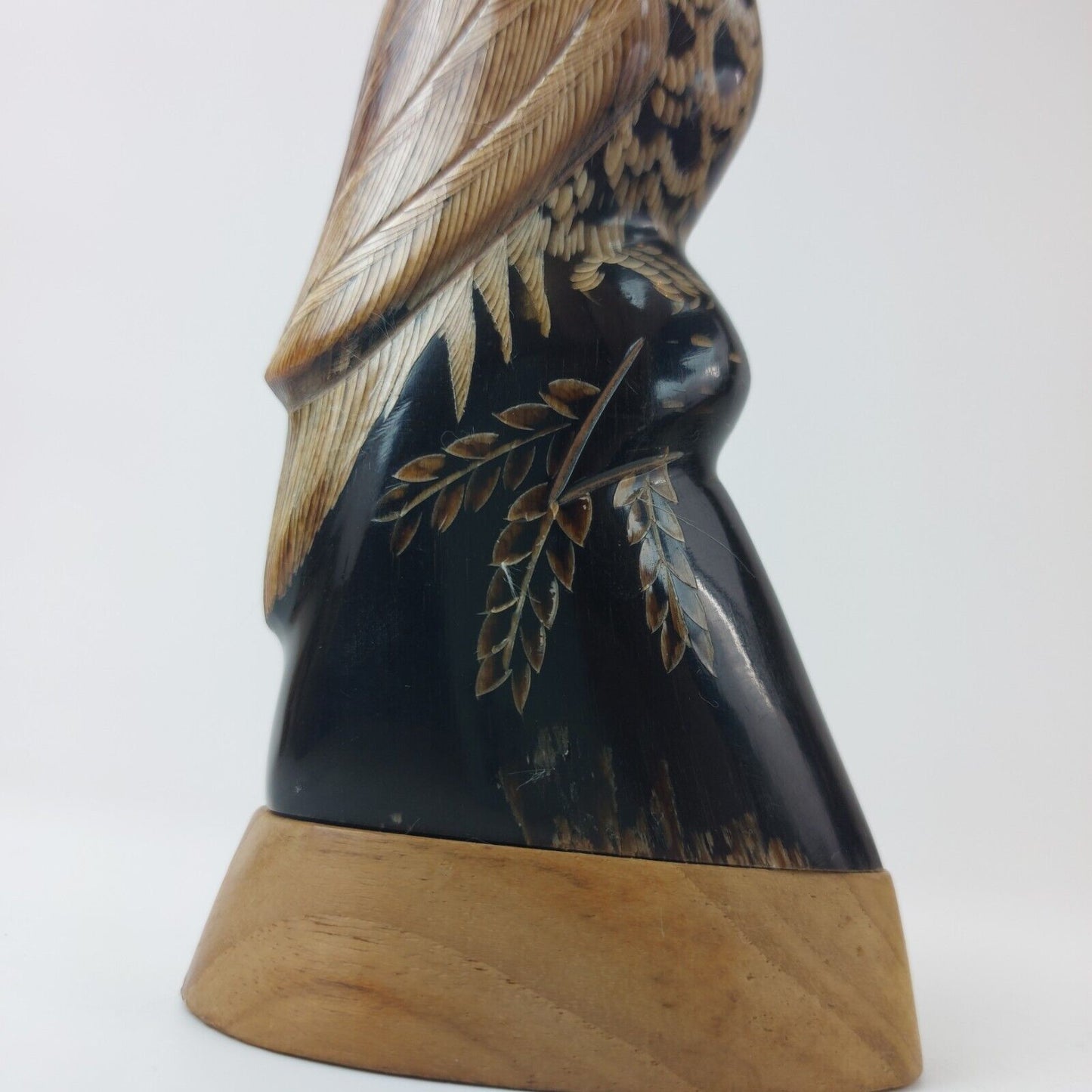 Hand-Carved Buffalo Horn Eagle Figurine 6-Inch on Wooden Base - Good Condition