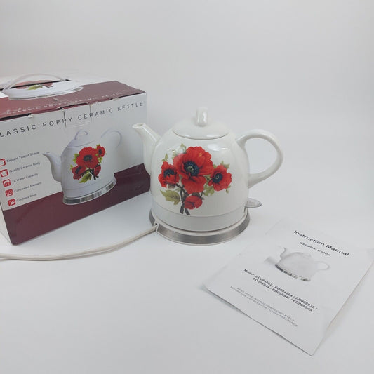 Elitech Classic Ceramic Poppy Electric Teapot Kettle Rose Floral Pattrn 1L Retro