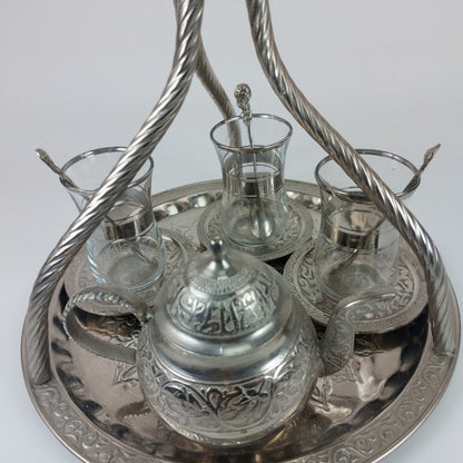 Turkish/Persian Handmade Hammered Stainless Steel Tea Set with Tray and Cups