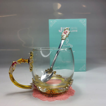 Elegant Glass Tea Cup Set with Spoon and Floral Coaster - Gift Box Included