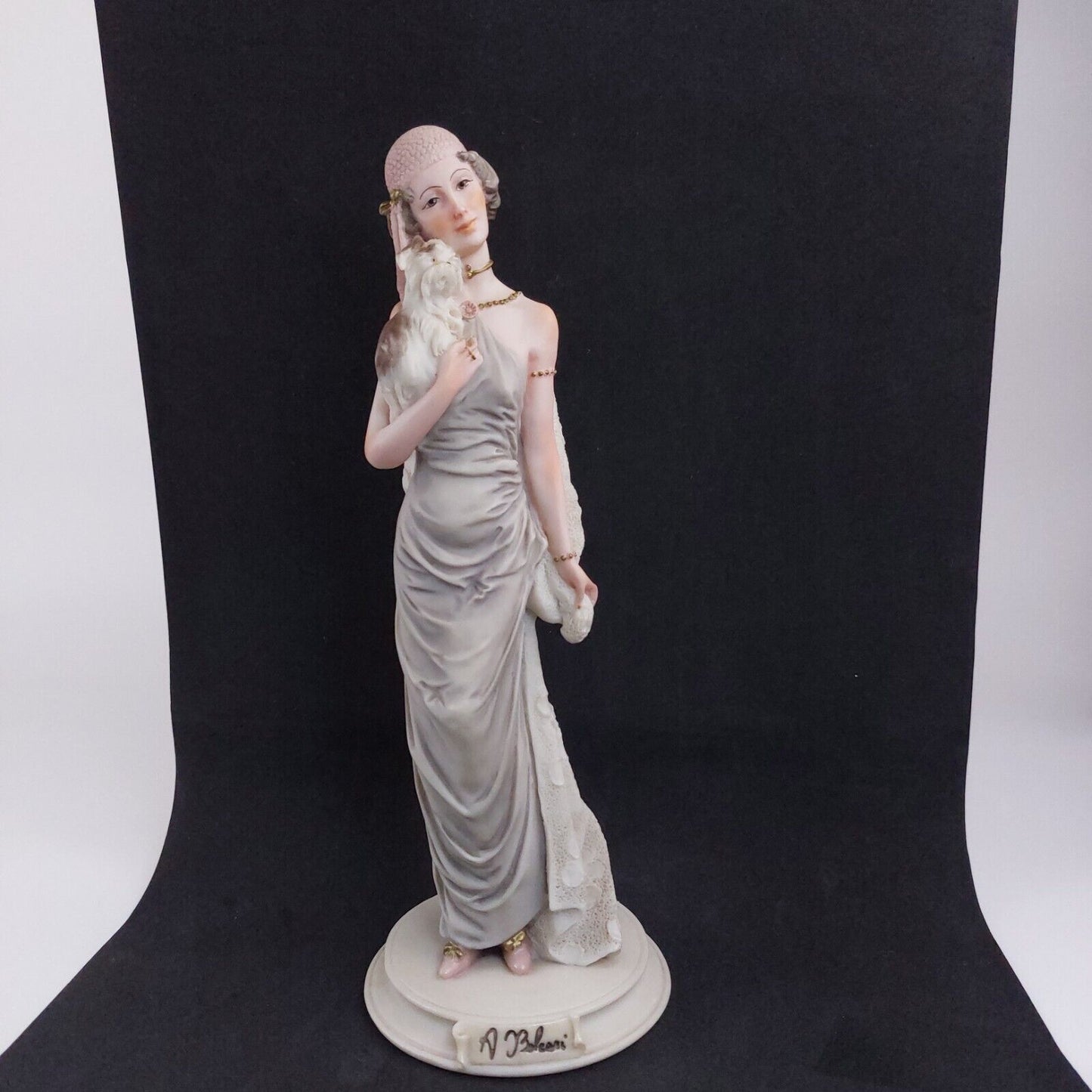 A. Belcari Dear Figurine, Lady with Dog, 1987 Porcelain, 9.5", Italian