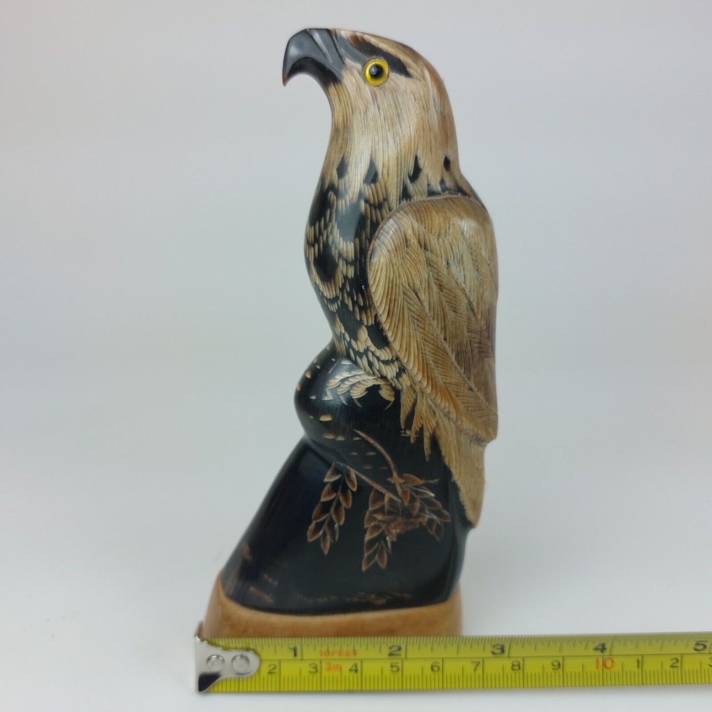 Hand-Carved Buffalo Horn Eagle Figurine 6-Inch on Wooden Base - Good Condition