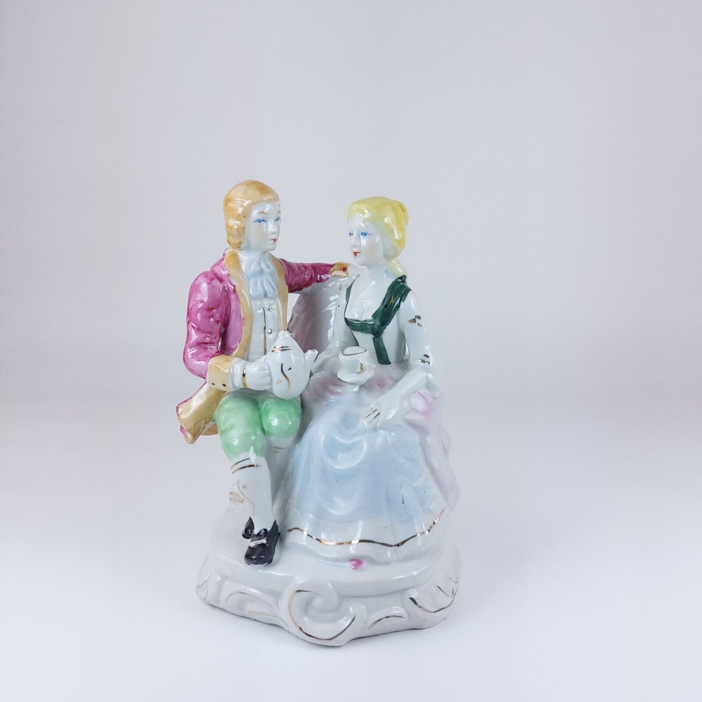 Antique Porcelain Tea Time Figurine, Pink and Blue Accents