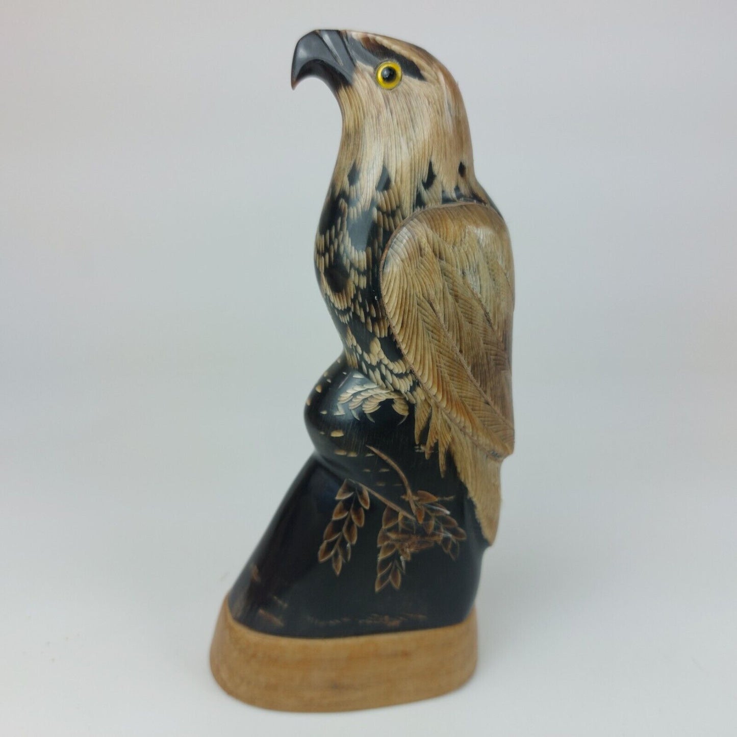 Hand-Carved Buffalo Horn Eagle Figurine 6-Inch on Wooden Base - Good Condition