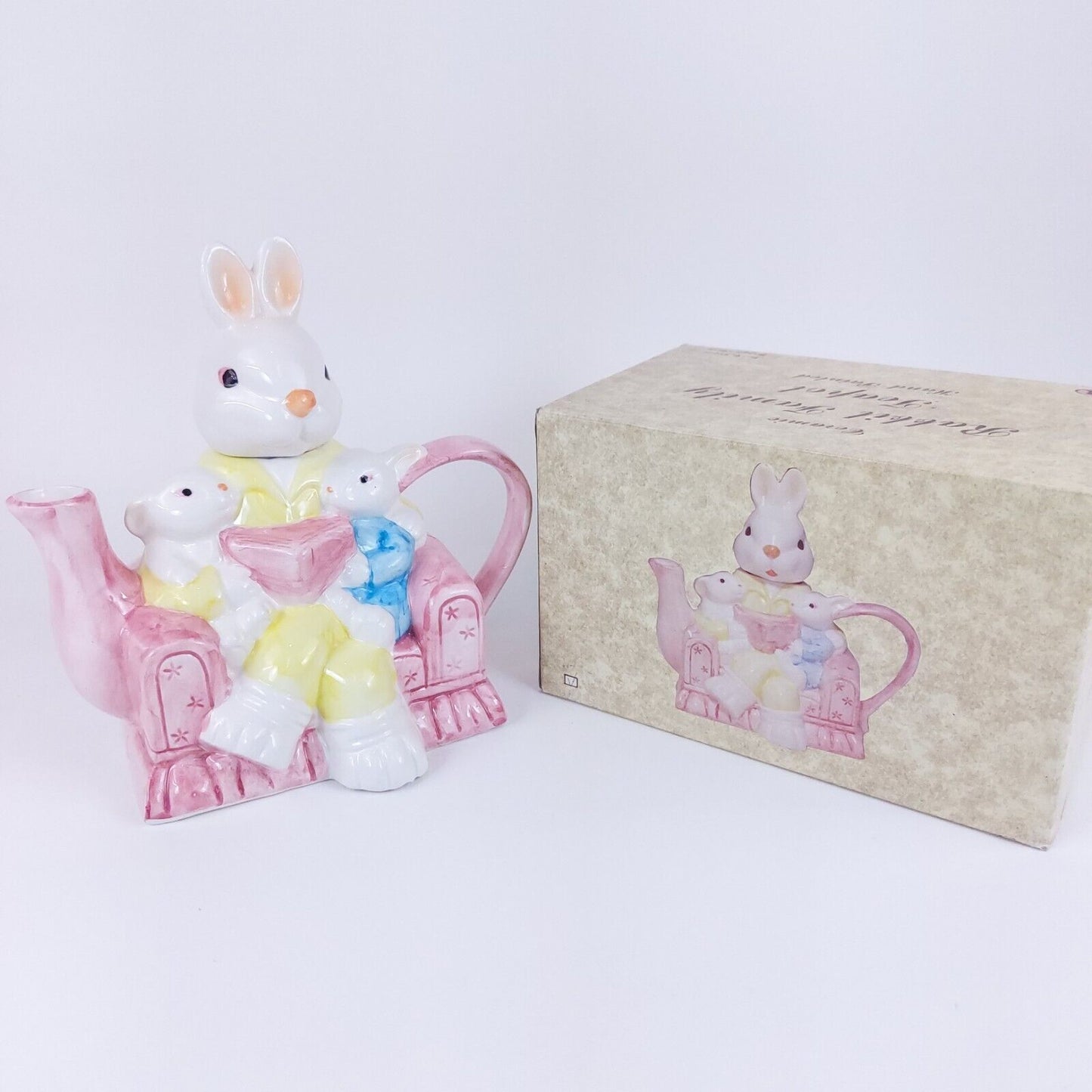 Ceramic Rabbit Family Teapot Hand-Painted Decorative Pink Pastel Collectible