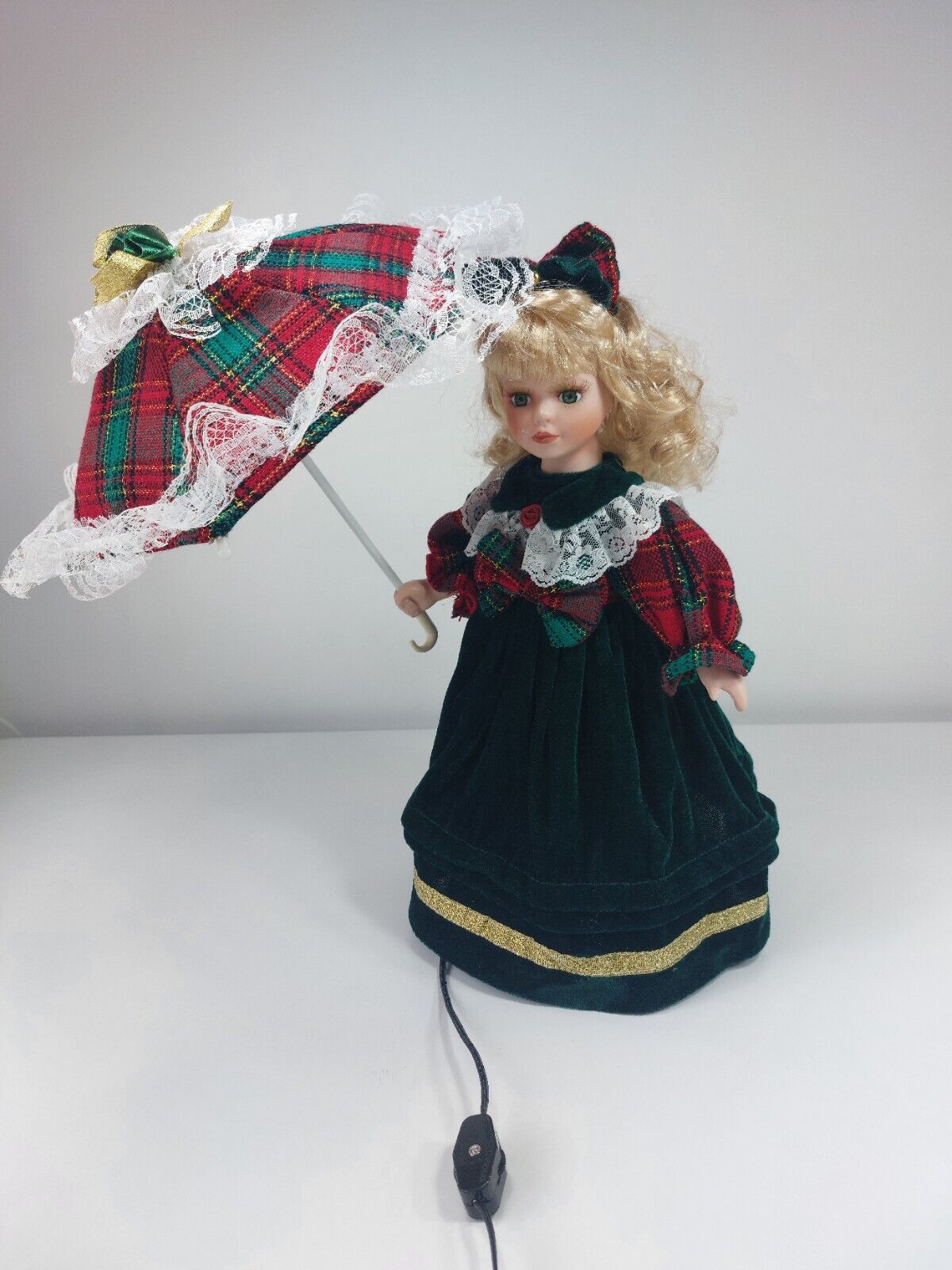 Rare Vintage Victorian Porcelain Doll Lamp with Light-Up Parasol - Green Velvet