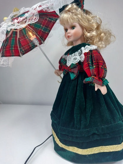 Rare Vintage Victorian Porcelain Doll Lamp with Light-Up Parasol - Green Velvet