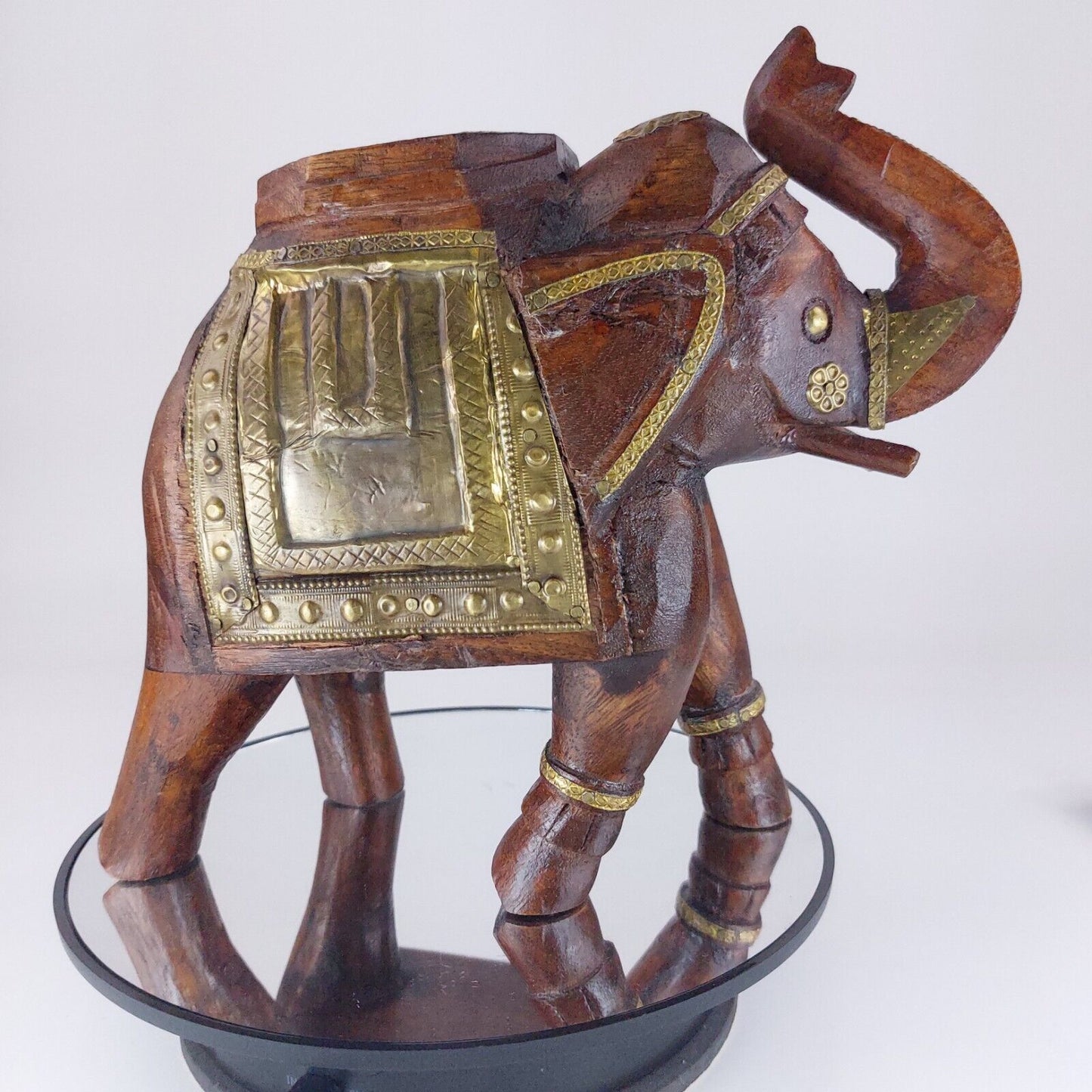 Rare Ornate Handcrafted Wooden Elephant with Brass Accents – Valuable Art