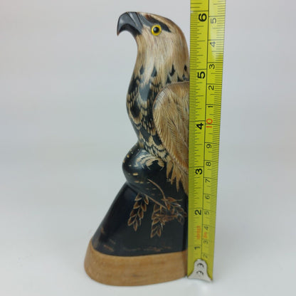 Hand-Carved Buffalo Horn Eagle Figurine 6-Inch on Wooden Base - Good Condition