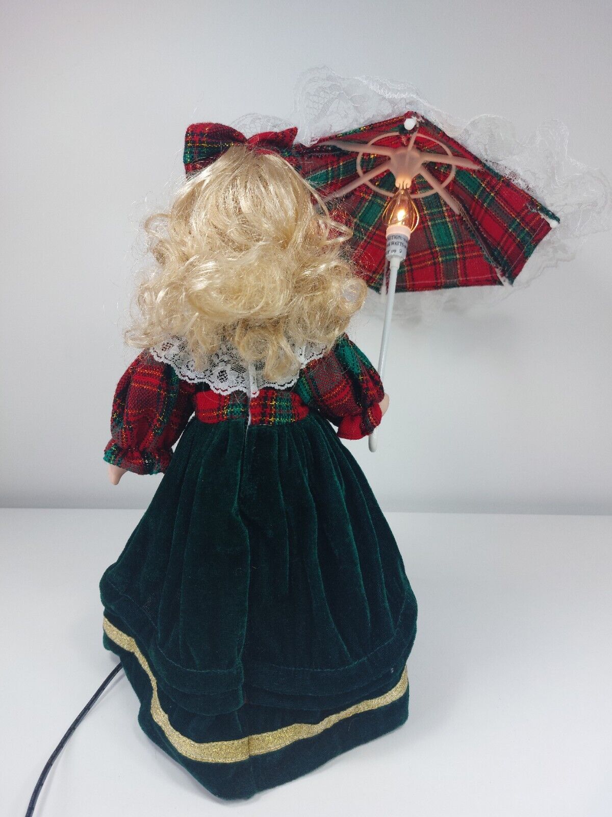 Rare Vintage Victorian Porcelain Doll Lamp with Light-Up Parasol - Green Velvet