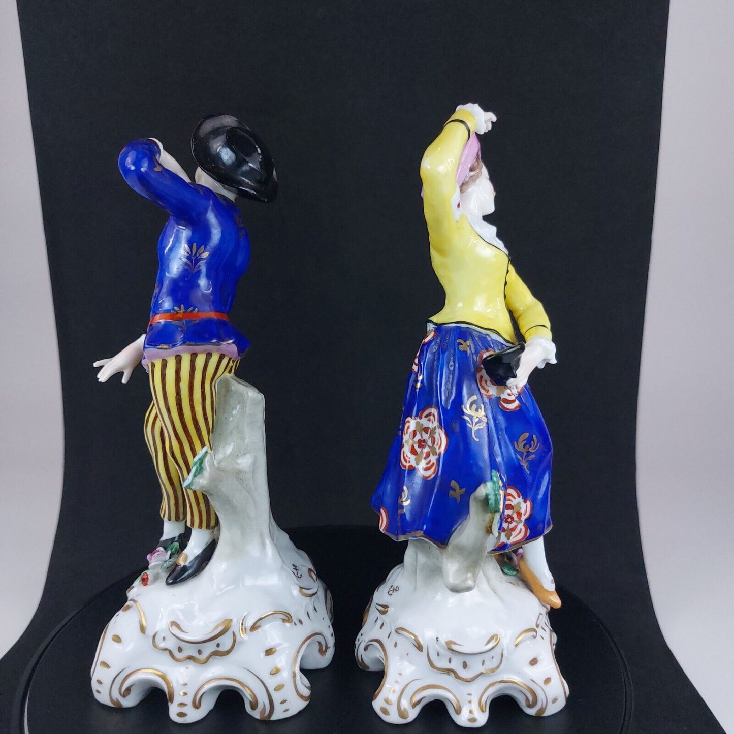 Antique Porcelain Figurines, Woman and Man Dancing, Vibrant Hand-Painted Details