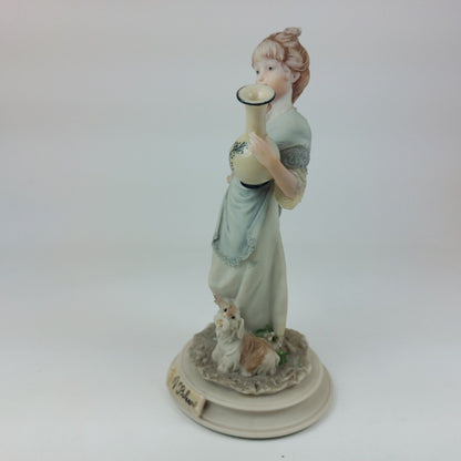 A. Belcari Capodimonte Figurine, Signed 1987, Italian Porcelain Girl with Dog