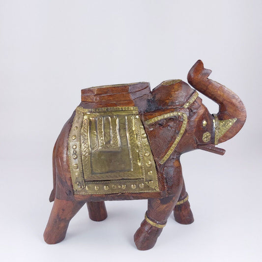 Rare Ornate Handcrafted Wooden Elephant with Brass Accents – Valuable Art