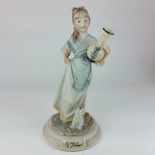 A. Belcari Capodimonte Figurine, Signed 1987, Italian Porcelain Girl with Dog