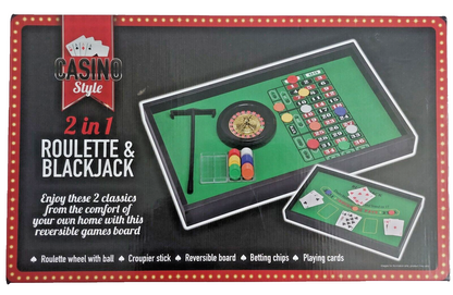 2-in-1 Casino Style Roulette & Blackjack Game Set - Reversible Board, Chips, Car