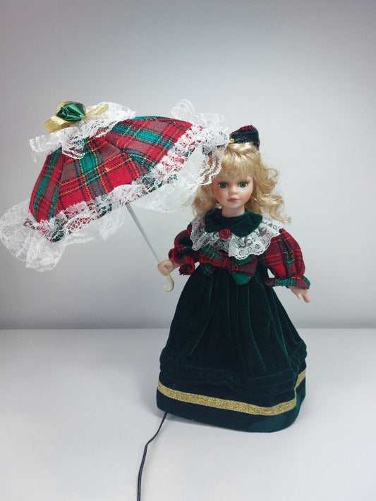 Rare Vintage Victorian Porcelain Doll Lamp with Light-Up Parasol - Green Velvet