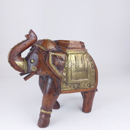 Rare Ornate Handcrafted Wooden Elephant with Brass Accents – Valuable Art