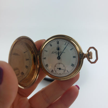 1929 Thomas Russell & Son Full Hunter Pocket Watch, Swiss Movement, Gold Plated