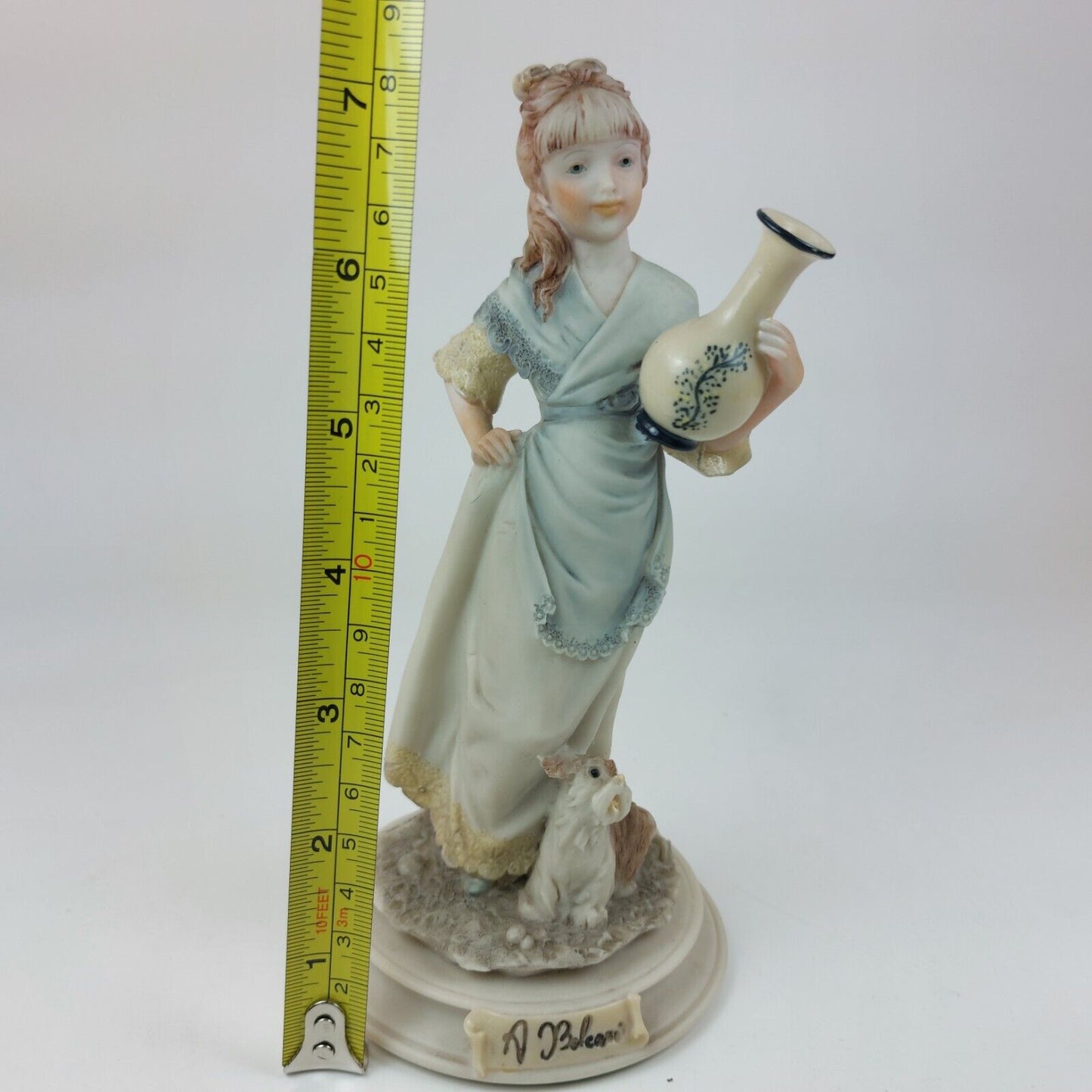 A. Belcari Capodimonte Figurine, Signed 1987, Italian Porcelain Girl with Dog