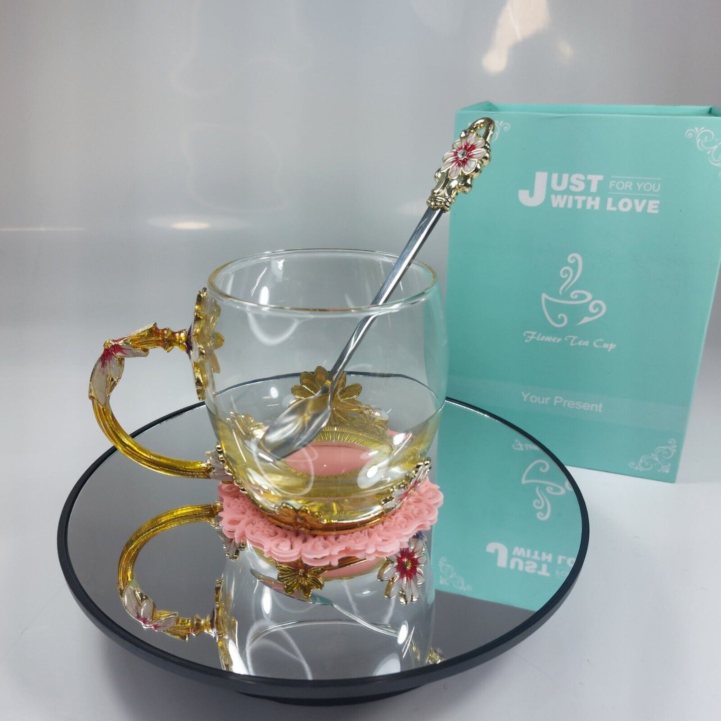 Elegant Glass Tea Cup Set with Spoon and Floral Coaster - Gift Box Included