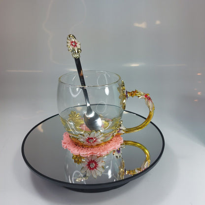 Elegant Glass Tea Cup Set with Spoon and Floral Coaster - Gift Box Included