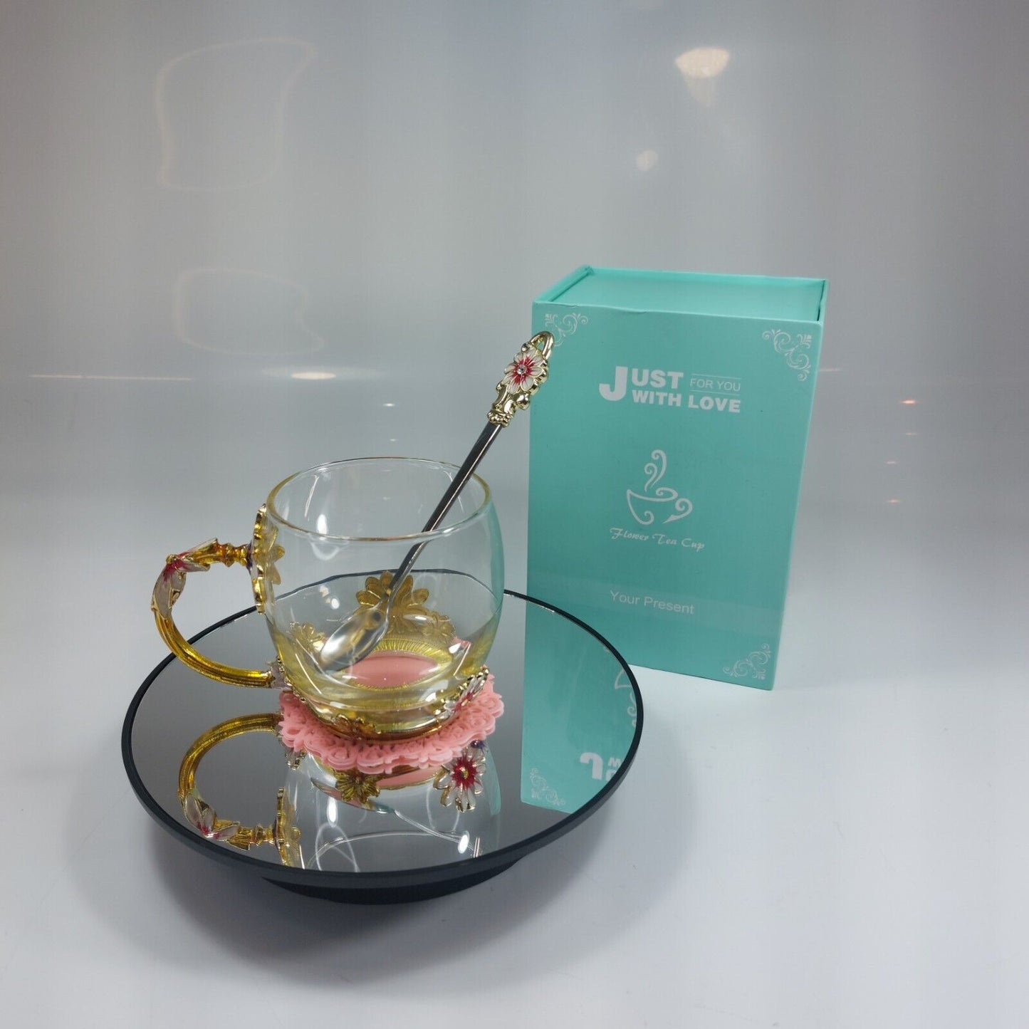 Elegant Glass Tea Cup Set with Spoon and Floral Coaster - Gift Box Included