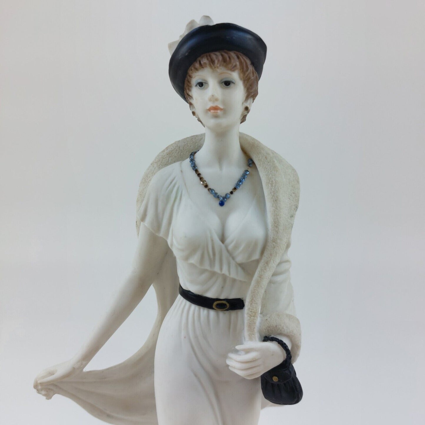 Art Deco Elegant Lady Figurine "Sheila" with Coat, Hat, and Bag - 11.75" - white