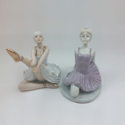 Pair of Vintage Porcelain Ballerina Figurines - Lavender & White/Gold