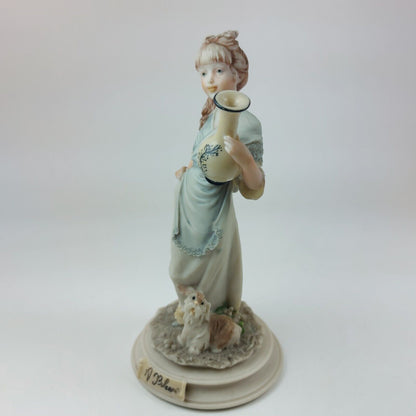 A. Belcari Capodimonte Figurine, Signed 1987, Italian Porcelain Girl with Dog