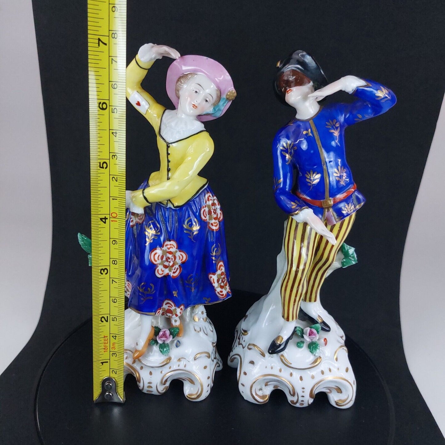 Antique Porcelain Figurines, Woman and Man Dancing, Vibrant Hand-Painted Details