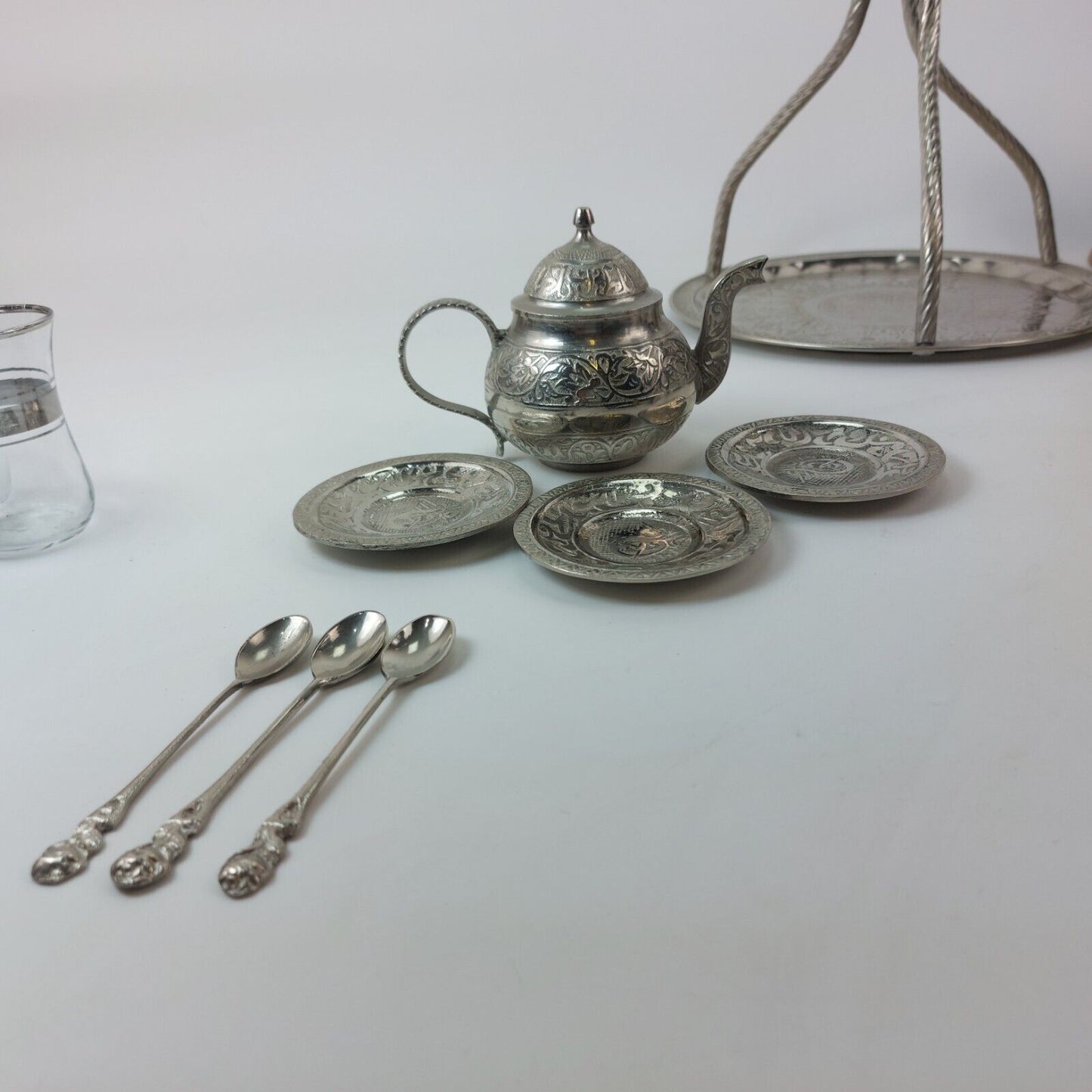 Turkish/Persian Handmade Hammered Stainless Steel Tea Set with Tray and Cups