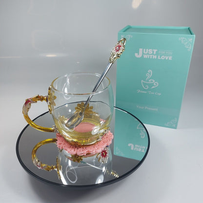 Elegant Glass Tea Cup Set with Spoon and Floral Coaster - Gift Box Included