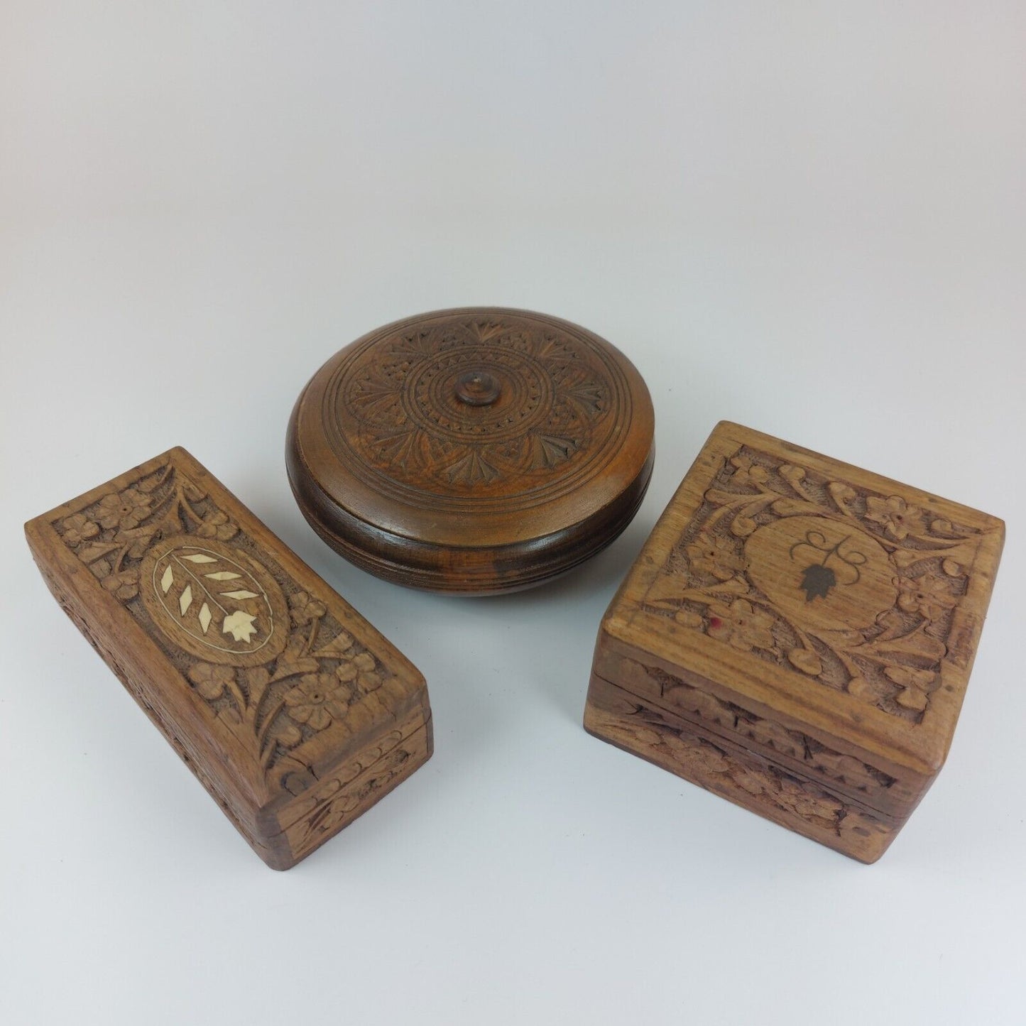 Vintage Hand-Carved Wooden Jewelry Boxes - Set of 3, Intricate Designs