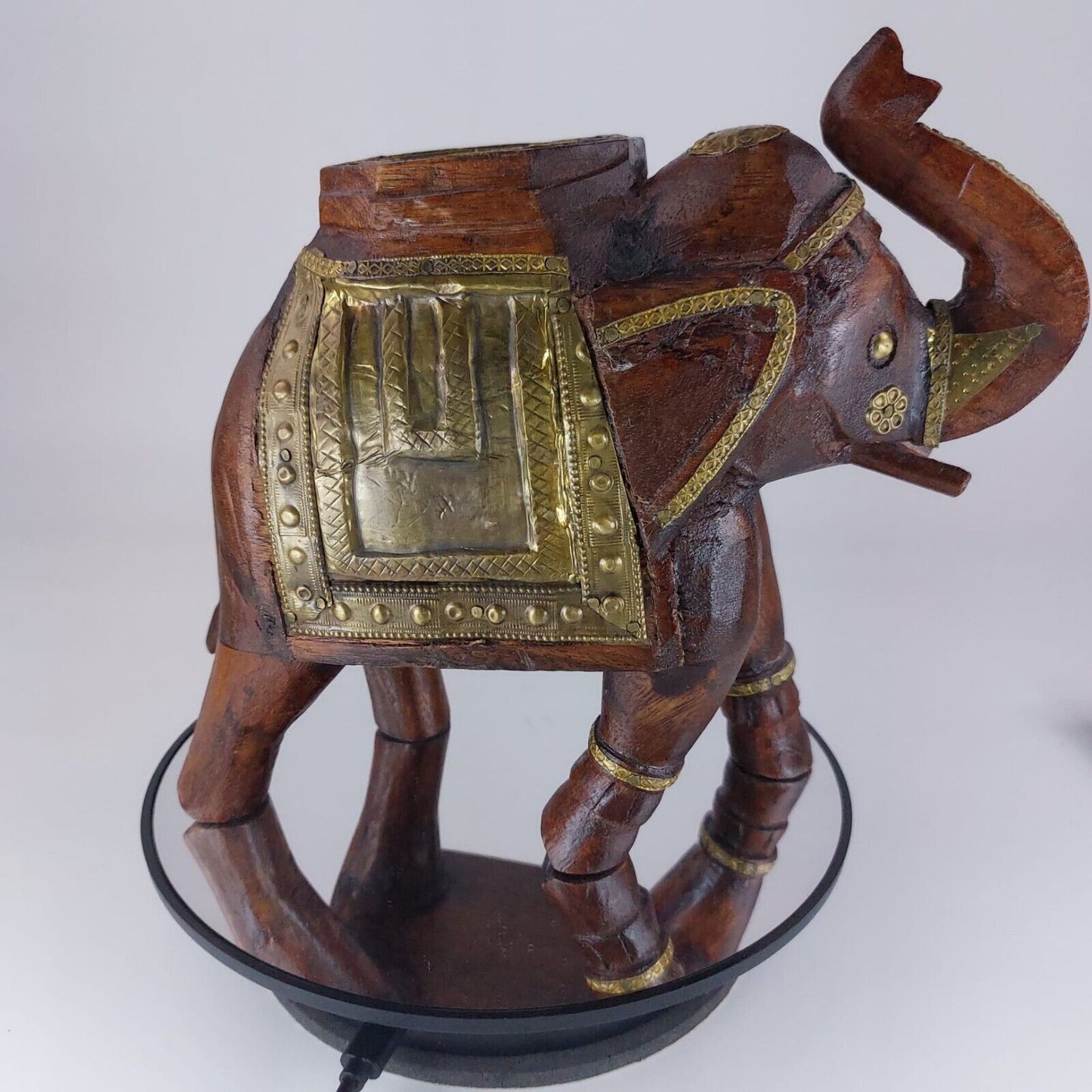 Rare Ornate Handcrafted Wooden Elephant with Brass Accents – Valuable Art