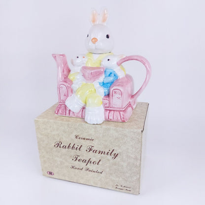 Ceramic Rabbit Family Teapot Hand-Painted Decorative Pink Pastel Collectible