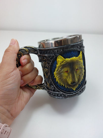 Viking Wolf Mug 450ml Resin & Stainless Steel Beer Stein