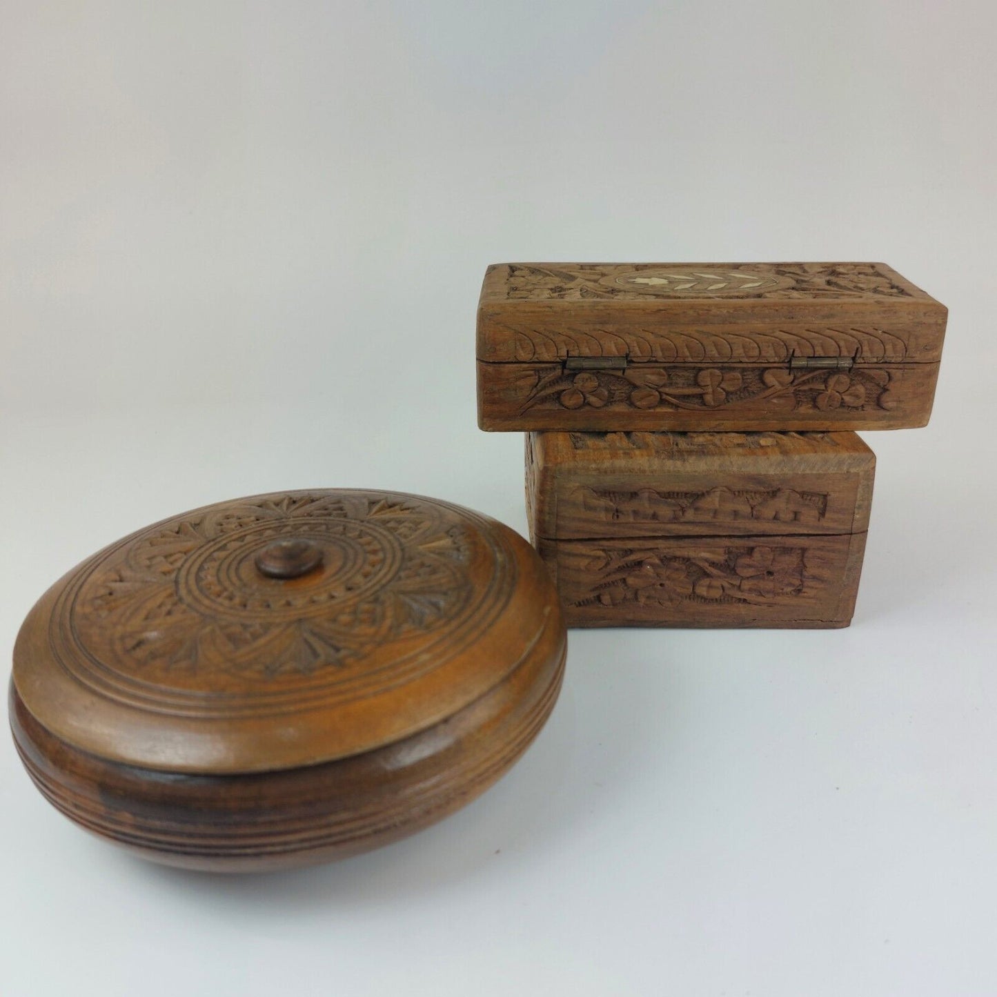 Vintage Hand-Carved Wooden Jewelry Boxes - Set of 3, Intricate Designs