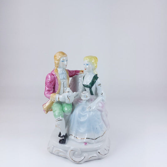 Antique Porcelain Tea Time Figurine, Pink and Blue Accents